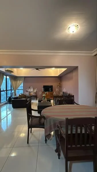 Dining features: dining table with striped tablecloth, wooden dining chairs, large windows with sheer curtains, white tiled flooring, recessed ceiling lights, wall-mounted TV, light purple painted walls, ceiling fan, open layout to living area; style: modern; view: city. Living features: sofa, coffee table, TV console, large windows, light purple painted walls, recessed ceiling lights, ceiling fan, white tiled flooring; style: modern; view: city.