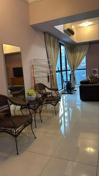 Living features: cream painted walls, glossy white tile flooring, floor-to-ceiling windows, sheer curtains, 3-seater brown leather sofa, 2 wicker chairs, decorative mirror, TV console, air conditioning unit, light fixture on ceiling; style: modern; view: city.