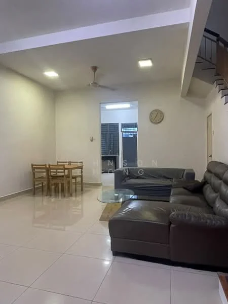Living features: cream painted walls, white ceiling, recessed downlights, 5-blade ceiling fan, glossy tile flooring, brown leather sofa, glass coffee table, wall clock, dining table with four chairs, open layout; style: modern.