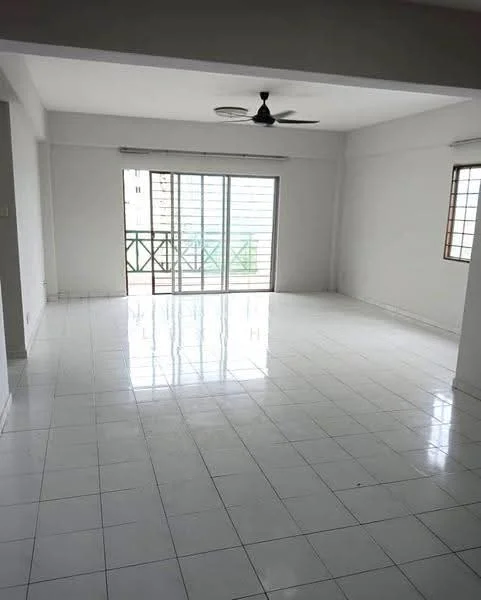 Room features: white painted walls, glossy white tile flooring, ceiling fan, sliding glass door, floor-to-ceiling windows, natural light from windows, balcony access, window treatments, open layout; style: modern; view: garden.