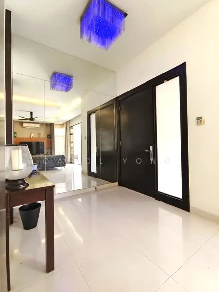 Room features: white tiled flooring, mirror wall, black framed door, chandelier with blue lighting, wall-mounted light switch, decorative table, black decorative vase, neutral wall color; style: modern.