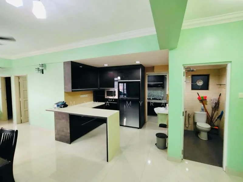 Kitchen features: black cabinetry, white countertop, stainless-steel fridge, built-in oven, microwave, ceramic tile flooring, recessed downlights, kitchen island, open layout to dining area; style: modern. Room features: green painted walls, doorway leading to another room, ceramic tile flooring. Bathroom features: toilet, sink, tile cladding, light fixture.