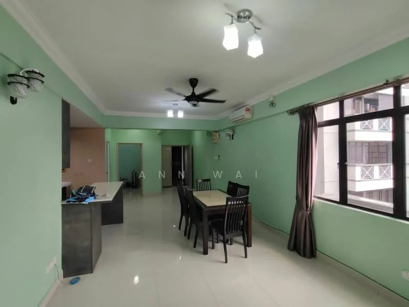 Dining features: green painted walls, white ceiling with recessed downlights, 5-blade ceiling fan, dining table with 6 black chairs, tile flooring, large window with black frame, curtains in brown, open layout to kitchen and living area; style: modern. Kitchen features: kitchen island with bar seating, unknown cabinetry, unknown countertop, appliances visible on countertop; style: modern. Living features: tile flooring, open layout to dining area, unknown furniture, air conditioning unit on wall; style: modern.