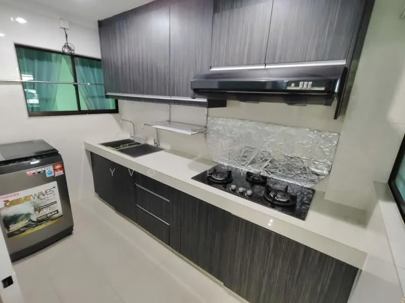 Kitchen features: dark wood cabinetry, white quartz countertop, stainless-steel sink, chrome faucet, built-in gas stove with two burners, exhaust hood, tile backsplash, window with green view, refrigerator, light-colored tile flooring; style: modern.