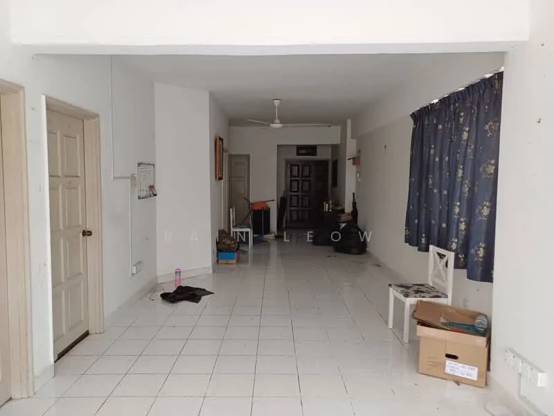 Room features: white painted walls, white tiled flooring, ceiling fan, curtains with floral pattern, doorway to adjacent rooms, open layout, box storage, chair, wall-mounted board, light switch, windows, empty cardboard box; style: minimalist.