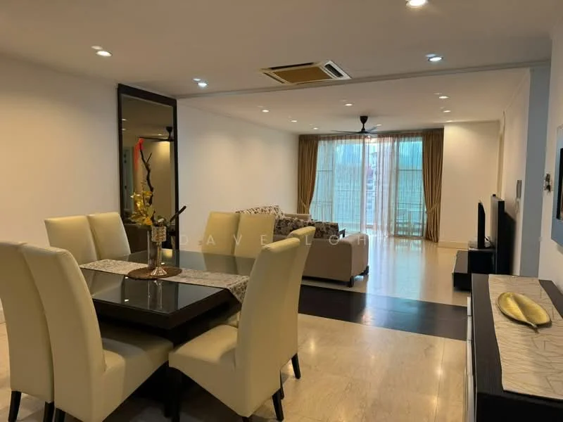 Dining features: 6-seater dining table, upholstered dining chairs, decorative centerpiece, table runner; style: modern. Living features: 3-seater fabric sofa in beige, 2-seater fabric sofa, coffee table, TV console, wall-mounted TV, floor-to-ceiling windows, curtains, recessed downlights, air conditioning unit; style: modern.