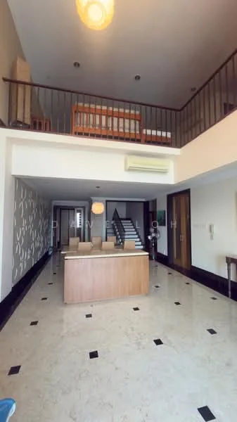 Room features: marble flooring, high ceiling, staircase with wooden railing, wall with decorative pattern, recessed lighting, pendant light fixture, air conditioning unit, open layout, wooden door, black accent tiles, large windows, wall-mounted intercom; style: modern.
