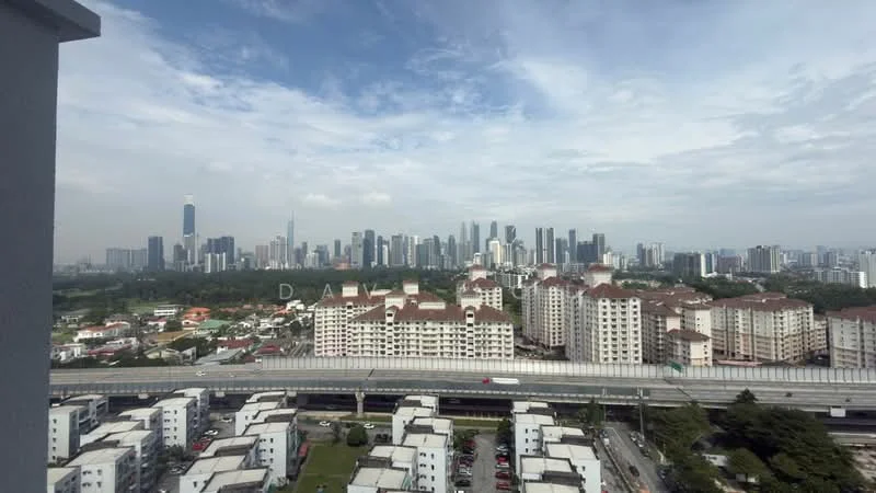 Exterior type: high-rise condominium; features: city skyline view, multiple high-rise buildings, low-rise residential buildings, highway visible, green landscaping, urban setting; style: modern.