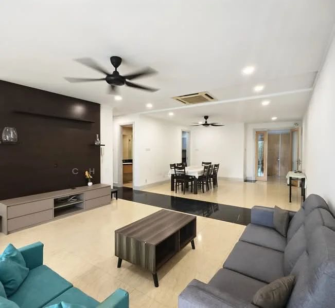 Living features: grey fabric sofa, coffee table with wooden legs, wall-mounted TV, dark accent wall, recessed downlights, 2 ceiling fans, marble flooring, decorative wall shelf, open layout to dining area; style: modern. Dining features: 6-seater dining table, wooden dining chairs, marble flooring, open layout to living area; style: modern.