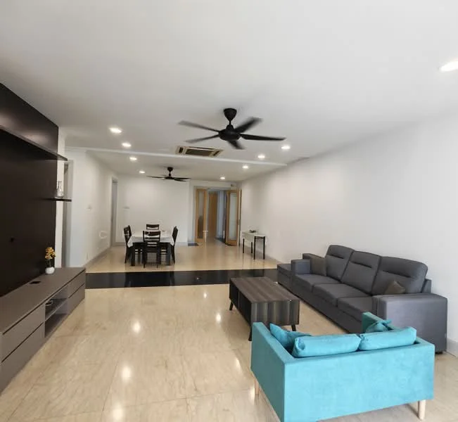 Living features: grey fabric sectional sofa, turquoise accent sofa, wooden coffee table, black TV console, 5-blade ceiling fan with light, recessed LED downlights, marble flooring, white painted walls, open layout to dining area; style: modern. Dining features: 6-seater dining table, black dining chairs, wooden flooring, white walls, recessed LED downlights; style: modern.