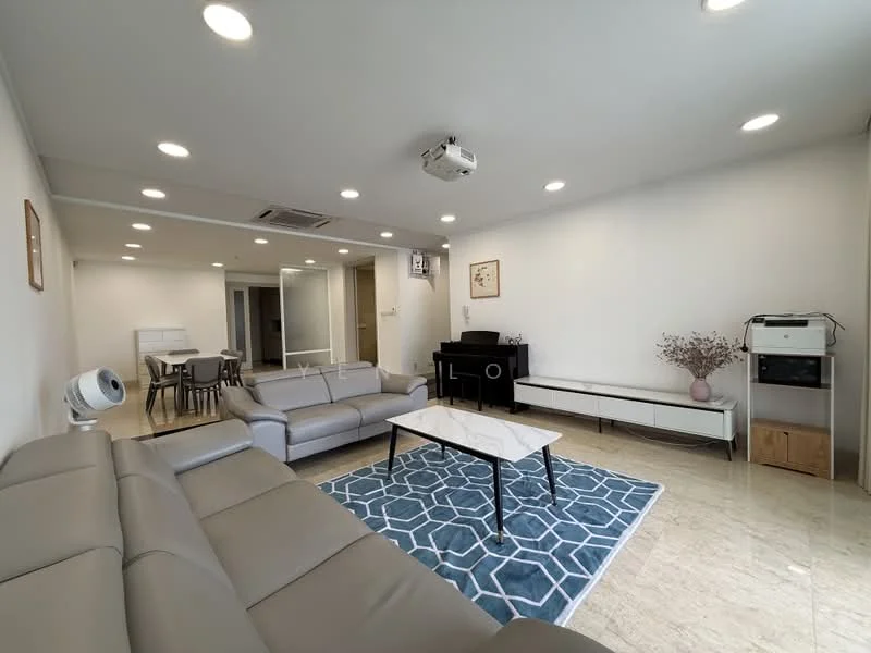 Living features: 3-seater fabric sofa in light grey, 2-seater fabric sofa in light grey, coffee table with white top and black legs, area rug with geometric pattern in blue and white, wall-mounted TV console in white, piano in black, recessed LED downlights, air conditioning unit, decorative vase with dried flowers, marble tile flooring, white painted walls, ceiling-mounted projector; style: modern.