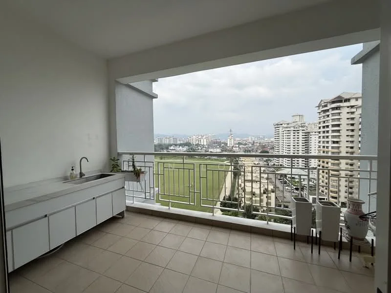 Balcony features: white walls, tile flooring, stainless-steel sink, single-bowl sink, chrome faucet, open view, glass railing, outdoor seating, planters, city skyline view; style: modern; view: city.