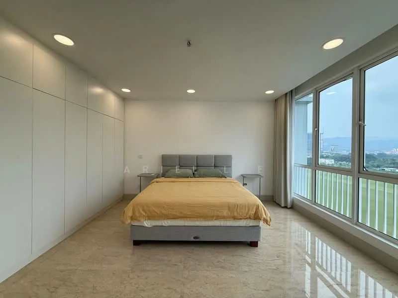 Bedroom features: king-size bed with grey upholstered headboard, yellow bedding, built-in white cabinetry, marble flooring, floor-to-ceiling windows, curtains, recessed downlights, nightstands on either side of the bed; style: modern; view: city.
