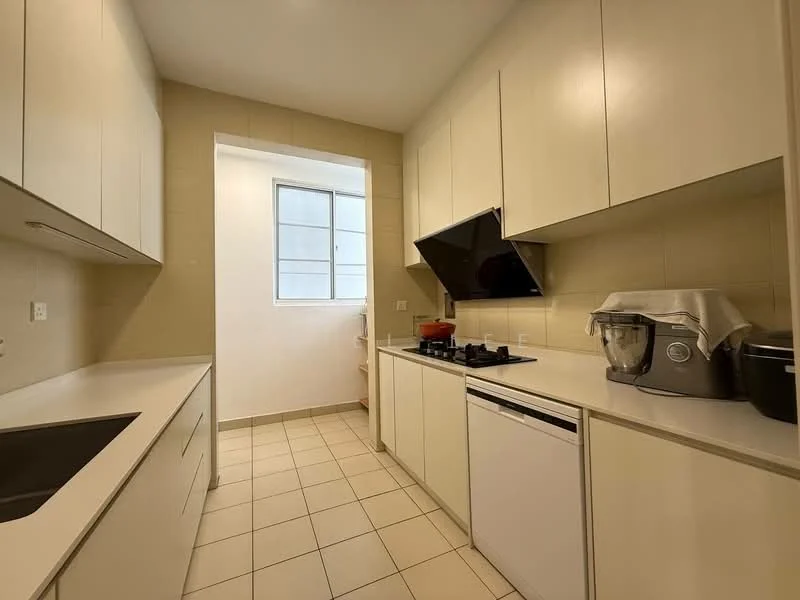 Kitchen features: white cabinetry, stainless-steel sink, chrome pull-down faucet, black glass cooktop, built-in oven, white countertop, tile backsplash, built-in dishwasher, window with grid design, light-colored tiled flooring, kitchen appliances including mixer; style: modern.