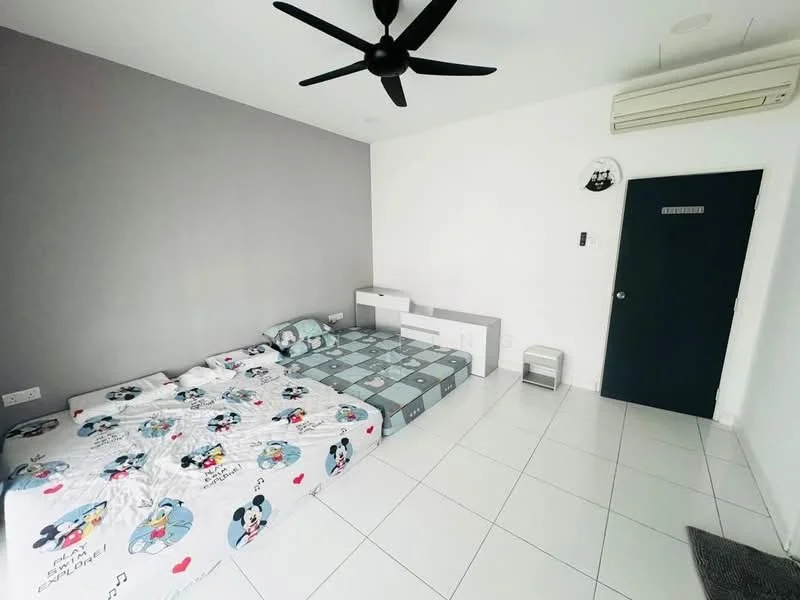 Bedroom features: white painted walls, grey accent wall, white ceiling, 5-blade ceiling fan, tile flooring, single bed with bedding featuring cartoon characters, double bed with bedding featuring cartoon characters, nightstand, built-in wardrobe, air conditioning unit, door with handle; style: modern.