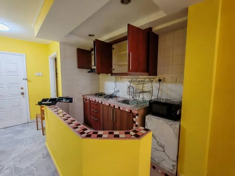 Kitchen features: yellow painted walls, marble countertop, wood cabinetry with brown finish, gas stove with two burners, built-in microwave, tile backsplash, open shelving, flooring with grey tiles, single-bowl stainless-steel sink, recessed ceiling lights; style: modern.