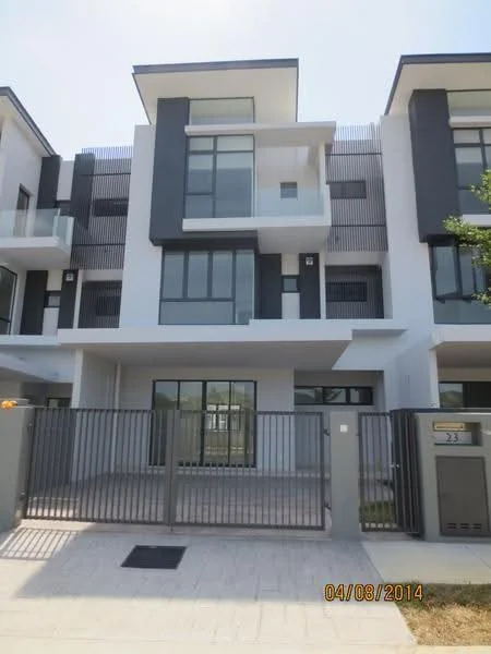 Exterior type: linked terrace house; features: two-storey building, white painted facade, grey accent panels, floor-to-ceiling windows, balconies on upper level, metal railing on balconies, gated entrance, paved driveway, landscaped front yard, modern architectural design; style: modern.