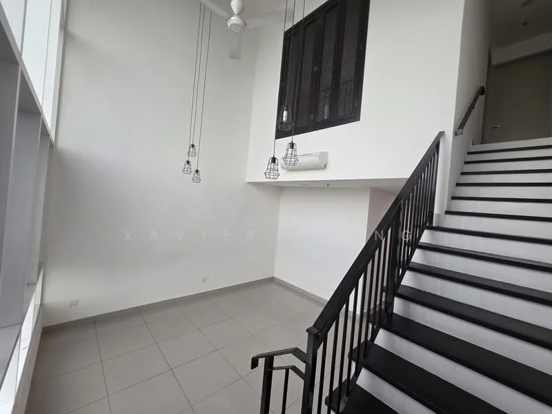 Room features: white painted walls, black metal railing, grey tile flooring, ceiling fan, hanging pendant lights, air conditioning unit, staircase with black steps, large windows; style: modern.