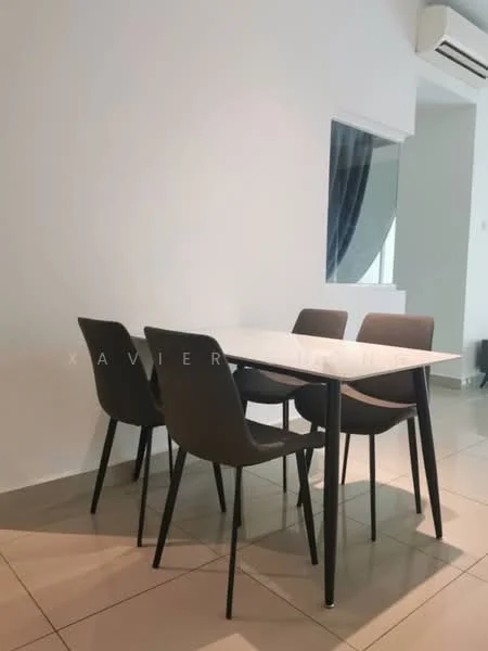 Dining features: 4-seater dining table, white tabletop, black legs, 4 black dining chairs, tile flooring, white painted walls, air conditioning unit, window with sheer curtains; style: modern.
