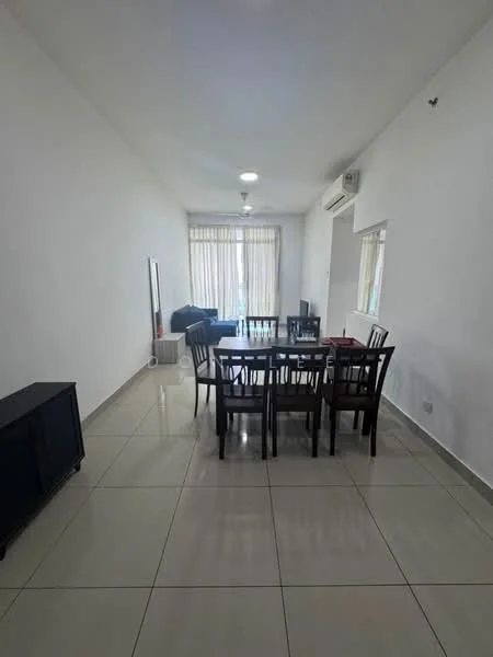 Dining features: white painted walls, glossy ceramic tile flooring, ceiling fan with light, dining table with six chairs, black sideboard, large window with sheer curtains, air conditioning unit, mirror on wall; style: modern.