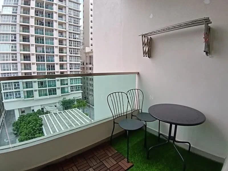 Balcony features: glass railing, small round table, two metal chairs, artificial grass flooring, clothes drying rack, view of neighboring building, view of landscaped area; style: modern; view: city.