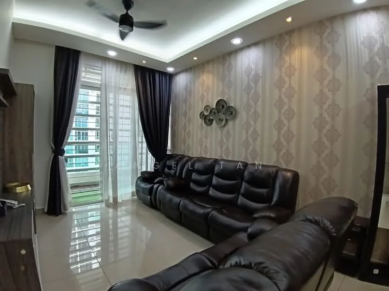 Living features: black leather sectional sofa, coffee table, wall-mounted TV, decorative wall with damask pattern, white painted walls, recessed ceiling lights, ceiling fan, floor-to-ceiling windows, sheer curtains, blackout curtains, glossy tile flooring; style: modern; view: city.