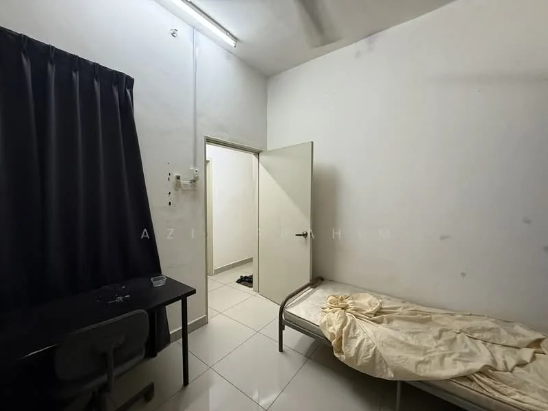 Room features: white painted walls, tile flooring, single bed with bedding, desk with chair, black curtain, door to adjacent room, ceiling light fixture; style: minimalist.