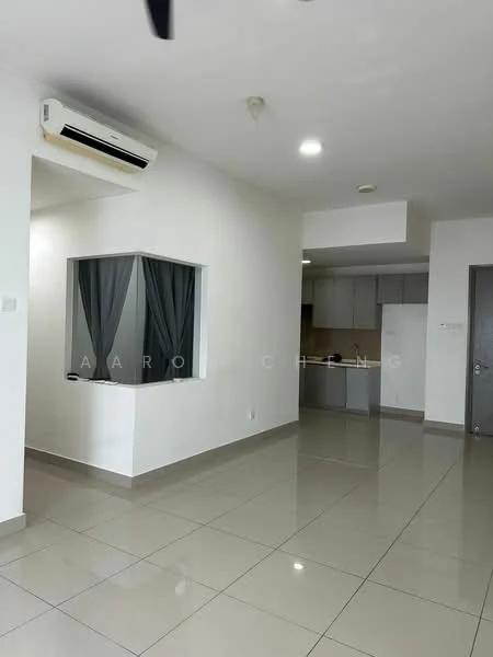 Living features: white painted walls, glossy ceramic tile flooring, 1 wall-mounted split AC, recessed downlights, window with sheer curtains, open layout to kitchen, neutral color palette, no visible furniture; style: modern. Kitchen features: grey cabinetry, countertop, kitchen appliances visible, open layout to living area; style: modern.