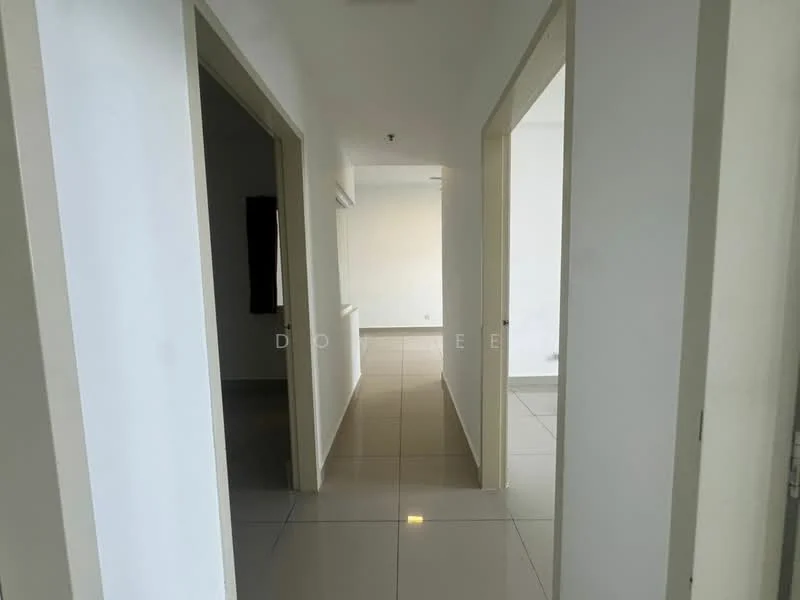 Room features: white painted walls, grey tiled flooring, door frames, light switches, ceiling with recessed lighting, open layout, multiple doorways; style: modern.