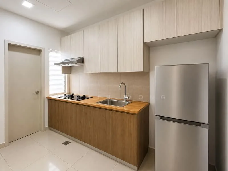 Kitchen features: wood cabinetry, light wood upper cabinets, dark wood lower cabinets, stainless-steel sink, chrome pull-down faucet, 2-burner gas hob, stainless-steel range hood, stainless-steel fridge, cream tiled backsplash, white walls, white ceiling, recessed downlights, glossy tile flooring; style: modern.