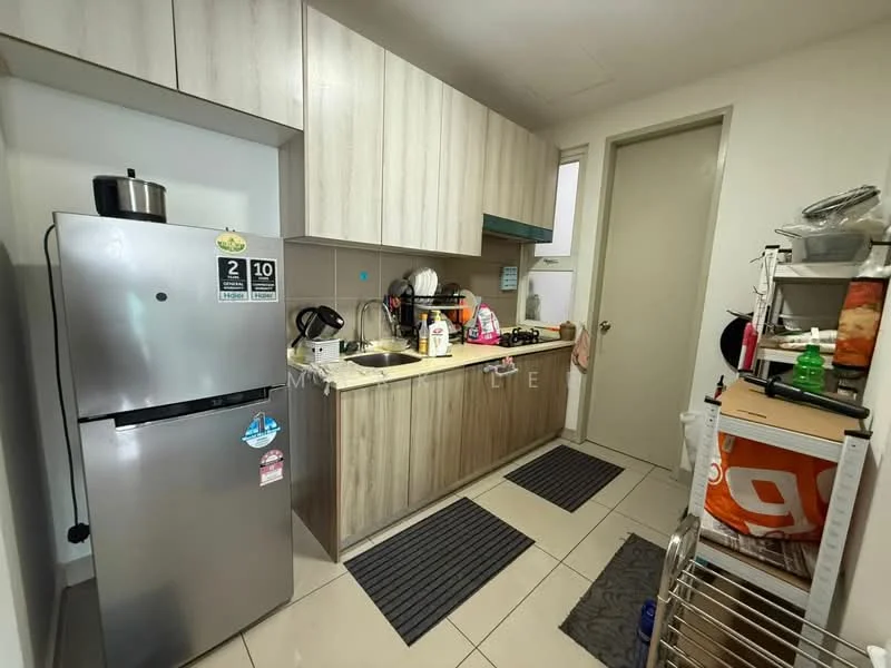Kitchen features: stainless-steel fridge, wood cabinetry with light finish, ceramic tile flooring, single-bowl stainless-steel sink, chrome pull-down faucet, countertop with laminate finish, built-in stove, kitchen utensils on countertop, dish soap and cleaning supplies on countertop, two kitchen mats, wall-mounted cabinets, open shelving, door leading to utility area; style: modern.