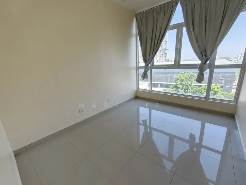 Room features: light beige painted walls, glossy ceramic tile flooring, floor-to-ceiling windows, sheer curtains, city view, natural light, neutral color scheme; style: modern; view: city.
