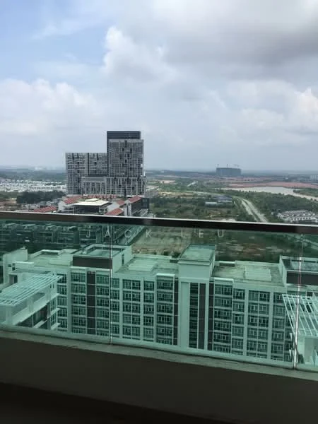 Exterior type: high-rise condominium; features: glass railing balcony, city skyline view, surrounded by greenery, modern architectural design, multiple high-rise buildings in view; style: modern.