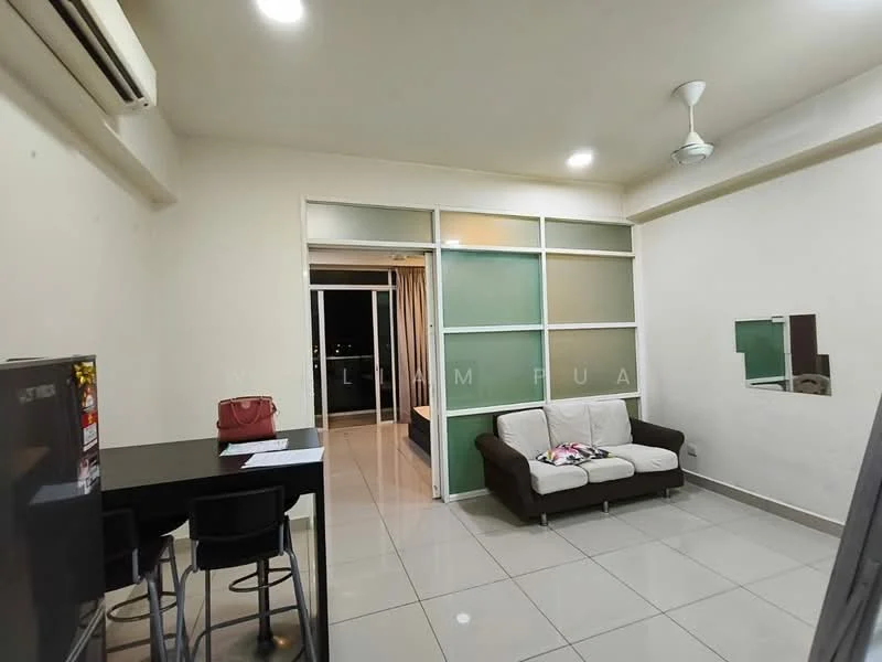 Living features: white painted walls, tile flooring, 5-blade ceiling fan with light, sofa in beige, coffee table, dining table with 4 black chairs, sliding glass door, floor-to-ceiling windows, curtains, open layout, decorative wall cutout; style: modern; view: city.