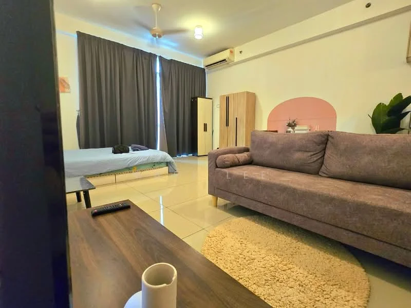 Living features: 3-seater fabric sofa in grey, coffee table, area rug with circular pattern, floor-to-ceiling windows with sheer curtains, light-colored tiled flooring, ceiling fan with light, wall-mounted air conditioning unit, decorative plant in pot, TV remote on coffee table; style: modern. Bedroom features: queen-size bed with light bedding, wardrobe with sliding doors, light-colored walls, window with dark curtains; style: modern.