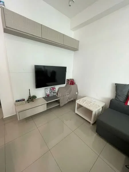 Living features: grey fabric sofa, white coffee table, TV console with storage, wall-mounted flat-screen TV, light grey wall-mounted shelf, ceramic tile flooring, white painted walls, decorative items on console, decorative throw on sofa, area rug; style: modern.