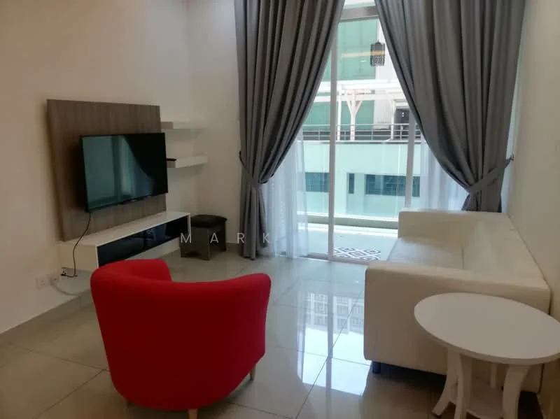 Living features: white leather sofa, red accent chair, white round coffee table, wall-mounted TV, floating TV console, grey curtains, sliding glass door, tile flooring, balcony view; style: modern; view: city.