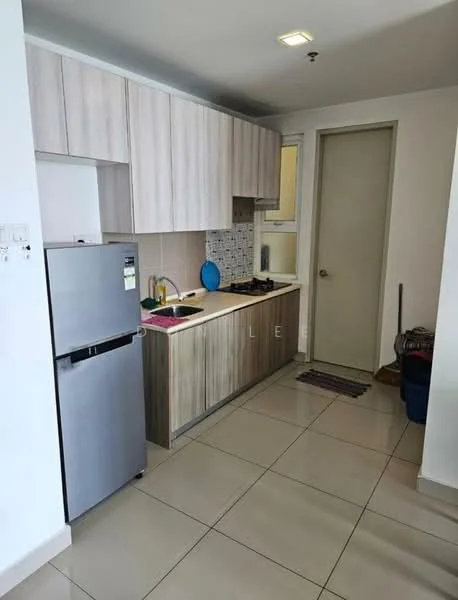 Kitchen features: light wood cabinetry, grey laminate countertop, single-bowl stainless-steel sink, chrome pull-down faucet, built-in gas hob, stainless-steel fridge, white tiled backsplash, ceramic tile flooring, window with natural light, door leading to hallway; style: modern.