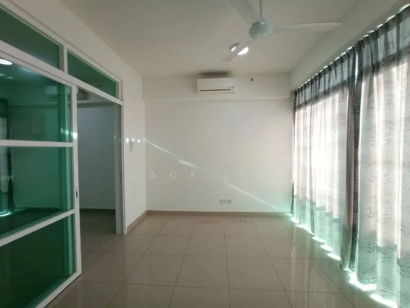 Room features: white painted walls, cream tiled flooring, large windows with sheer curtains, ceiling fan, wall-mounted air conditioning unit, glass sliding door, natural light from windows; style: modern.