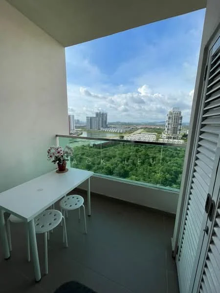 Balcony features: glass railing, white table, two white stools, potted plant, grey tiled flooring, city view, greenery view; style: modern; view: city.