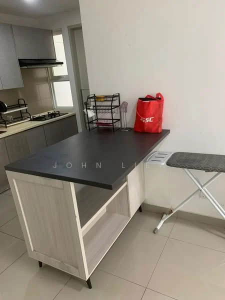 Kitchen features: grey cabinetry, black countertop, stainless-steel gas hob, built-in oven, kitchen island with open shelving, tile flooring, neutral painted walls, window for natural light; style: modern.