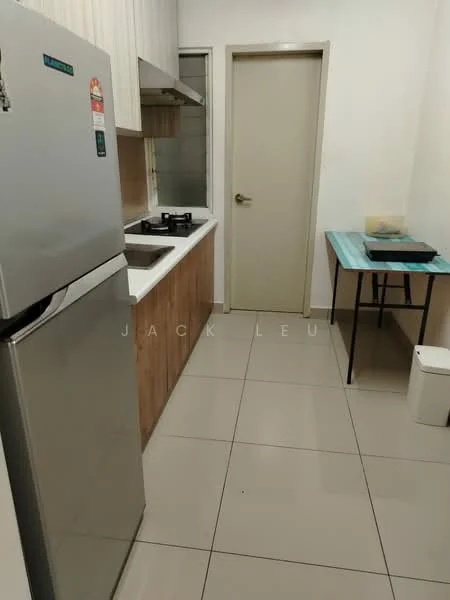 Kitchen features: stainless-steel fridge, built-in oven, 4-burner gas hob, single-bowl stainless-steel sink, chrome pull-down faucet, white laminate cabinetry, wooden countertop, grey tiled flooring, wall-mounted cabinets, window above sink, door leading to another room, table with blue tablecloth, white trash bin; style: modern.
