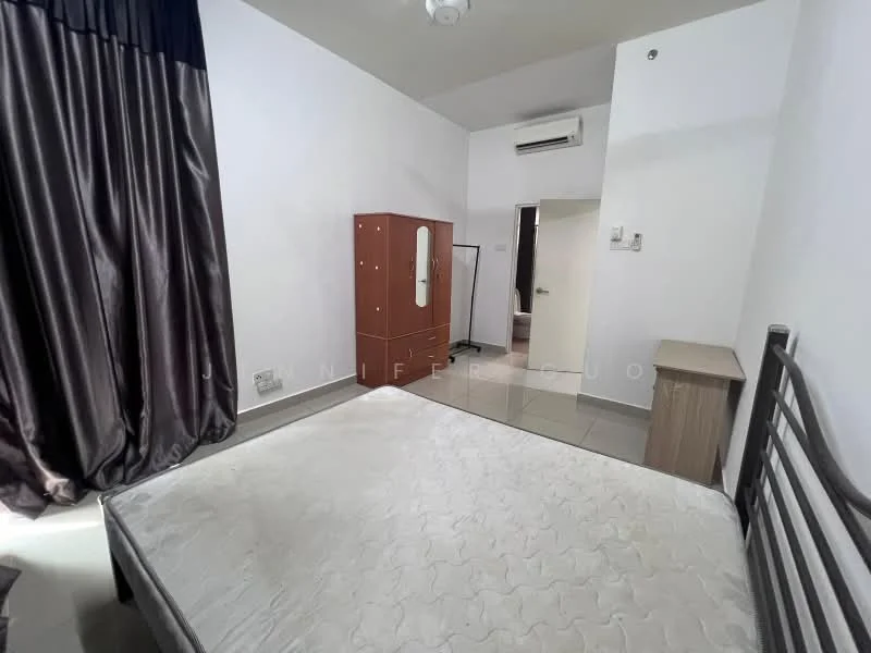 Bedroom features: queen-size bed, black metal bed frame, grey mattress, dark curtains, light grey tiled flooring, built-in wardrobe with mirror, wooden bedside table, wall-mounted air conditioning unit, ceiling light fixture; style: modern.