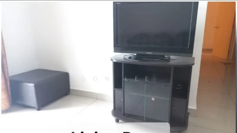 Room features: flat-screen TV on black TV stand, black ottoman, light-colored walls, glossy tile flooring, curtains, doorway visible in background; style: modern.