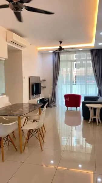 Living features: white painted walls, glossy tile flooring, 5-blade ceiling fan with light, sofa in red fabric, dining table with marble top, 4 white dining chairs, TV console, wall-mounted TV, floor-to-ceiling windows with sheer curtains, recessed LED downlights, decorative wall art, curtains in grey fabric; style: modern.