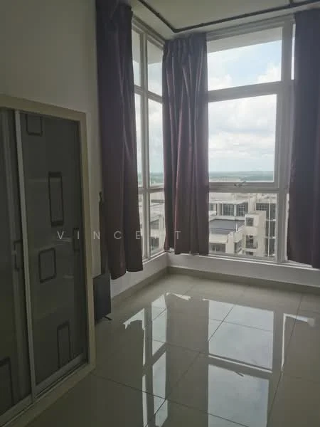 Room features: floor-to-ceiling windows, grey curtains, glossy tile flooring, white painted walls, built-in wardrobe, city view, natural light, corner room; style: modern; view: city.