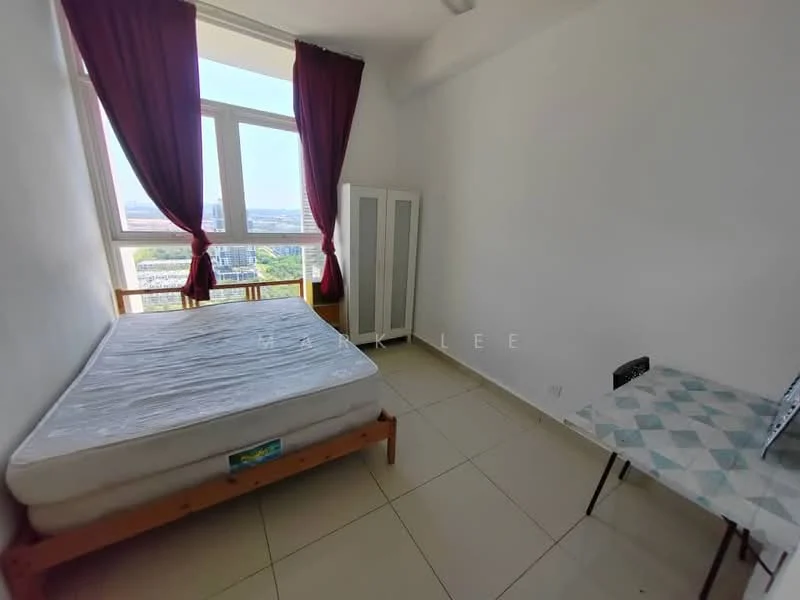 Bedroom features: queen-size bed without mattress, floor-to-ceiling windows, red curtains, white painted walls, tile flooring, built-in wardrobe, small study table, chair; view: city.