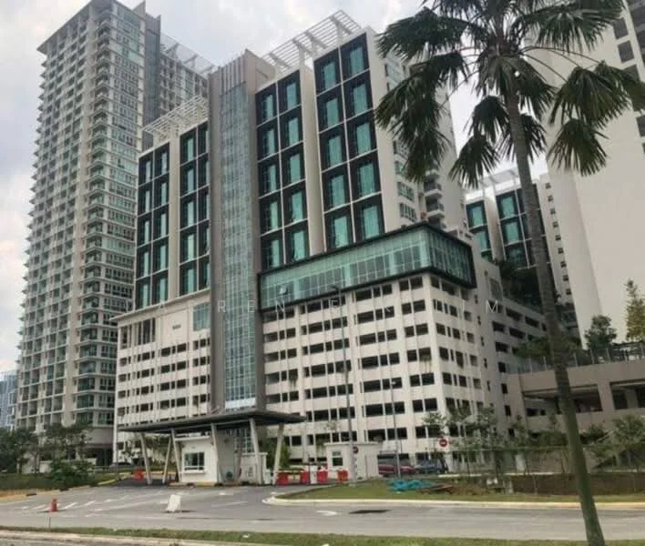 Exterior type: high-rise condominium; features: glass curtain wall, white painted facade, recessed balconies, multiple storeys, landscaped entrance, guard house at entrance, parking deck, surrounded by mature greenery; style: modern.