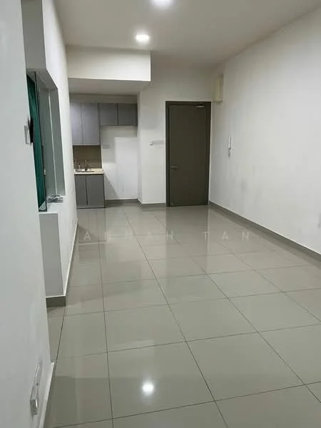 Room features: white painted walls, grey tiled flooring, recessed downlights, kitchen area with grey cabinetry, single-bowl stainless-steel sink, built-in kitchen countertop, door to adjacent room, window with green frame; style: modern.
