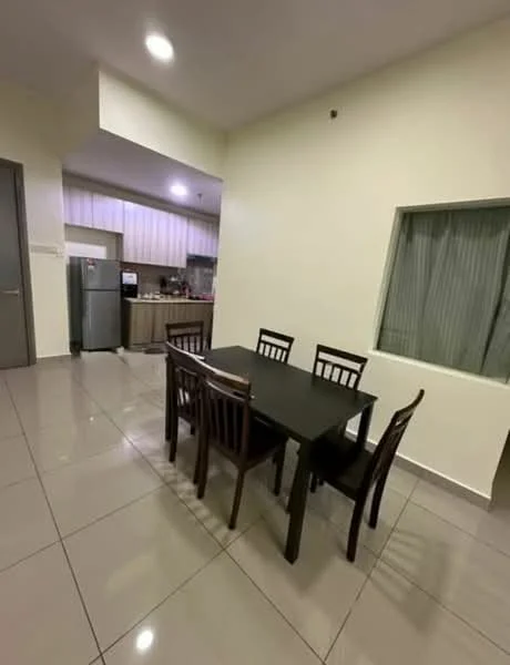 Dining features: black dining table, 4 wooden dining chairs, white painted walls, glossy tile flooring, recessed downlights, window with sheer curtains, open layout to kitchen, fridge visible in kitchen area; style: modern.